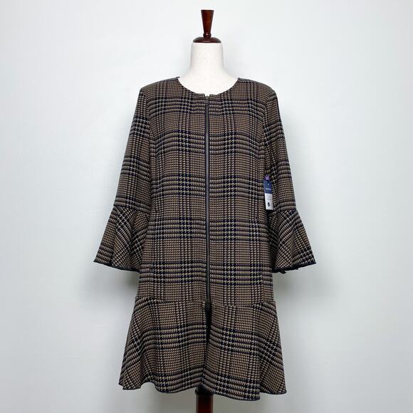 CAbi Plaid Houndstooth Zip Front Navy Brown Flounce Hem Jacket NWT - Picture 1 of 11